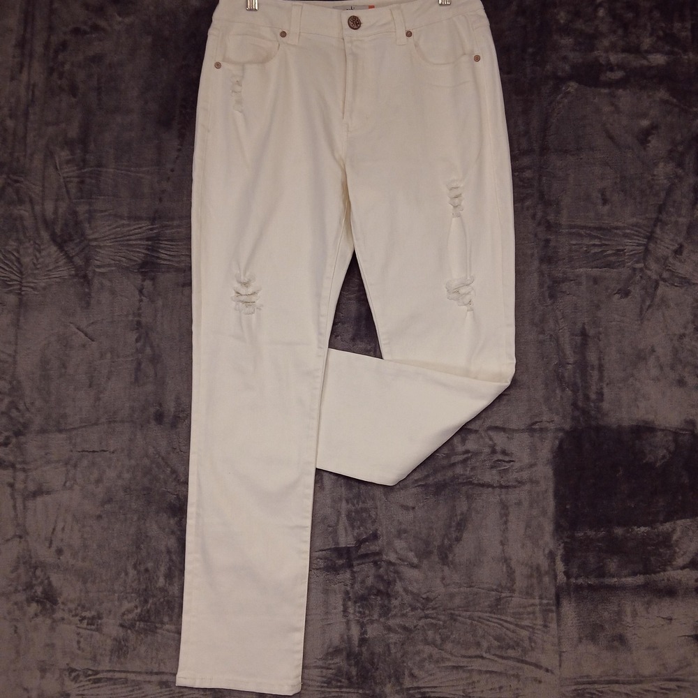Cabi Jeans Womens 8 White High Slim Distressed Pants High Rise 5 Pocket Slim Leg